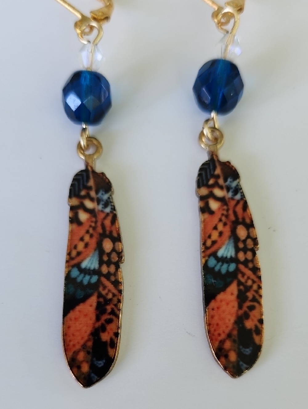 Gold-Tone Blue & Orange Feather-Pattern Dangle Earrings! - Picture 2 of 2